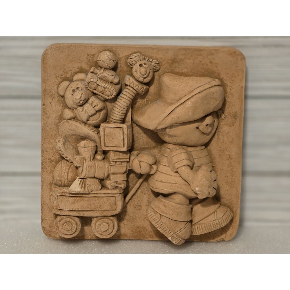 Vtg Kersten Brothers 1973 Ceramic Wall Hanging Clay Terra Cotta Tile Kid Wagon